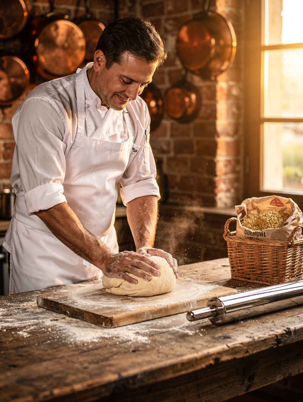 Chef preparing fresh handmade pasta in our open kitchen